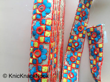 Gold Mirrored Fabric Trim With Blue, Yellow And Red Floral And Square Embroidery, Approx. 32mm Wide
